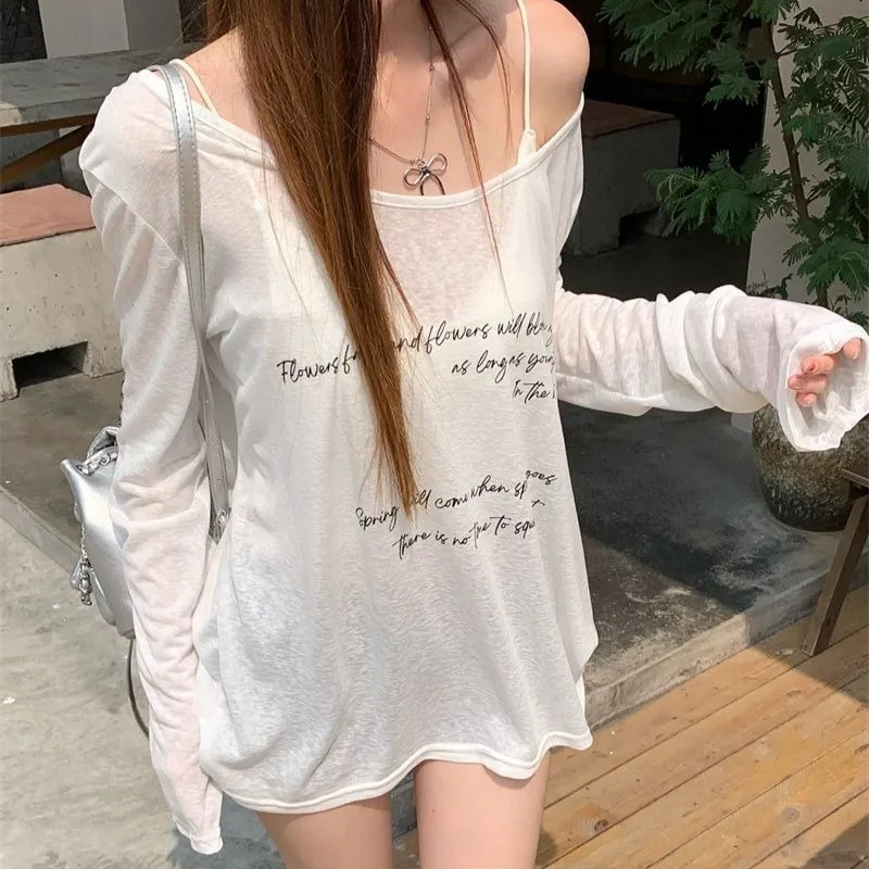 Lazy Sle Long Sve Letter Print Oulder Bared T Irt Women Summer Loose Casual Slimming Versatile Thin Sun Protection Top
