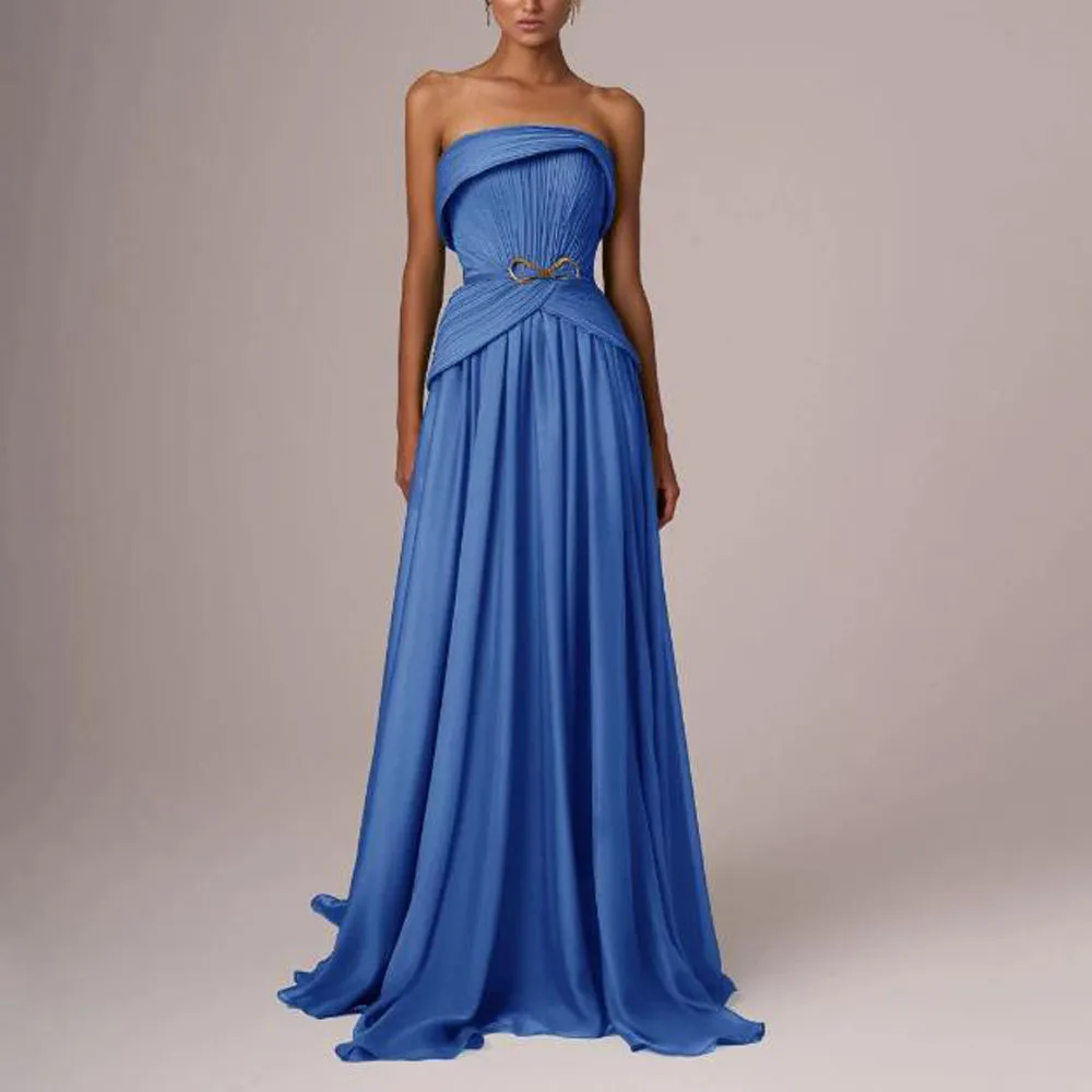 カスタムプリーツAラインイブニングドレス2025ストラップレスフローリングシフォンセレブリティガウンターンダウンカラーフォーマルドレス