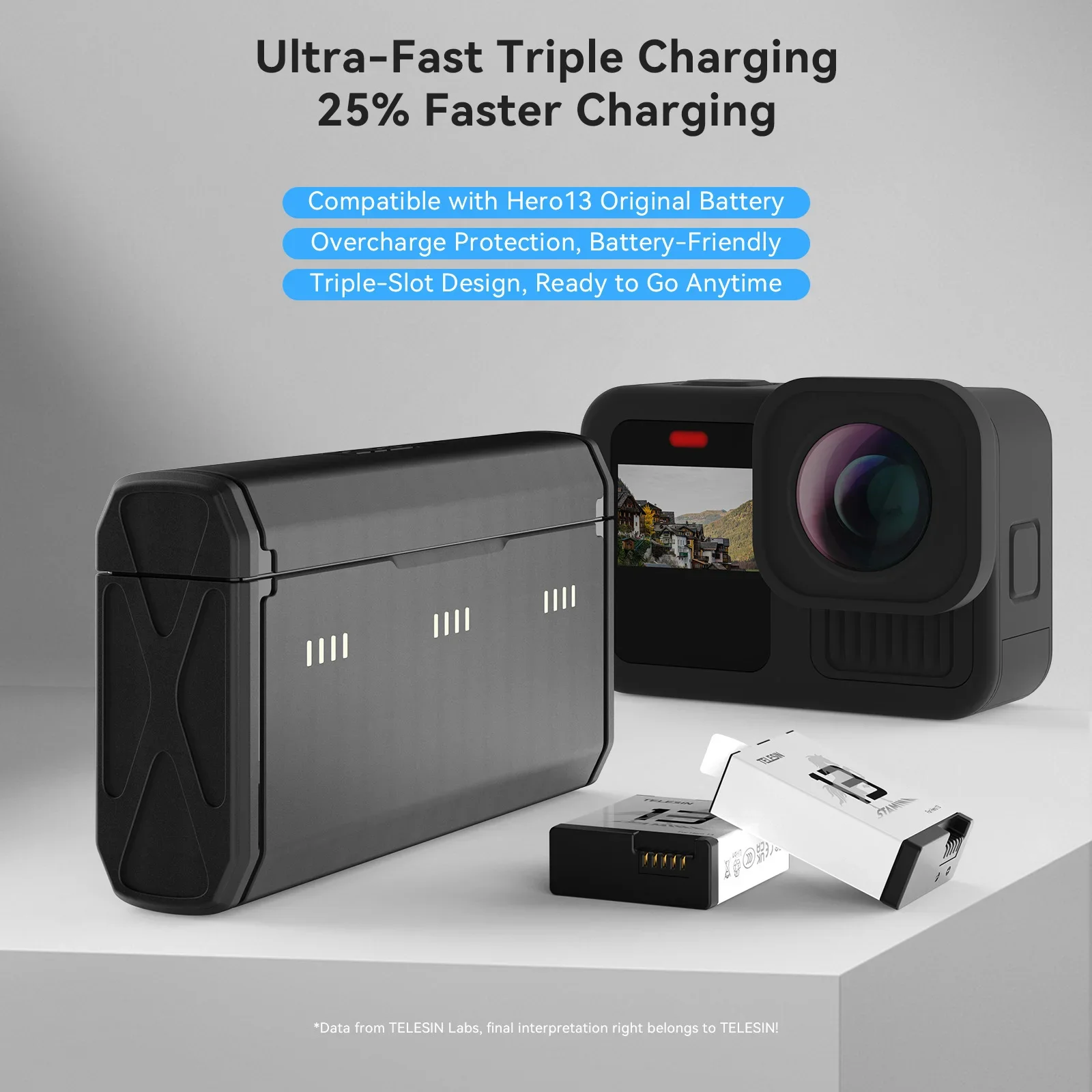Портативный блок для быстрой зарядки TELESIN и набор аккумуляторов для Gopro Hero 13, черный, 3 слота, чехол для быстрой зарядки, аксессуары Gopro