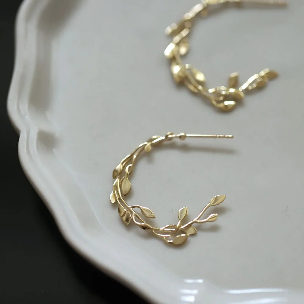 Original Silver 925 14K Gold Surround Branches and Leaves Stud Earrings For Woman Piercing Wedding Luxury Elegant Jewelry