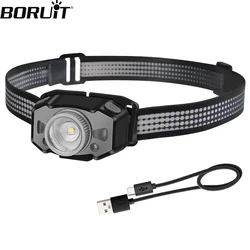 BORUiT B33 Motion IR Sensor Mini LED Headlamp Light 5-Modes Zoom Headlight USB Rechargeable Head Torch for Camping Fishing