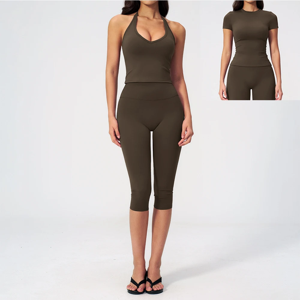 Women Halter Ruched V Neck 2/3Piece Yoga Set High Waist Capri Leggings For Yoga Pilates Meditation Gym Fitness Daily Training