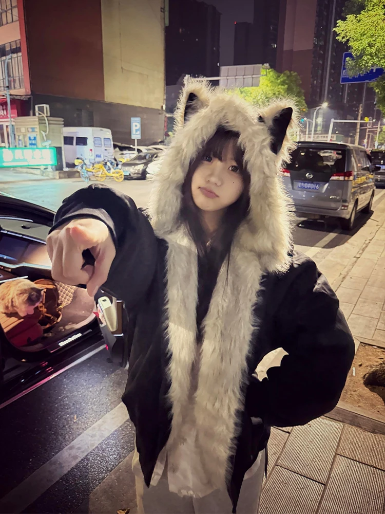 

Thiened Retro American Ears Hooded Cotton Jaet ex Autumn Winter Warm Large Fur Collar Cotton Outerwear Coat