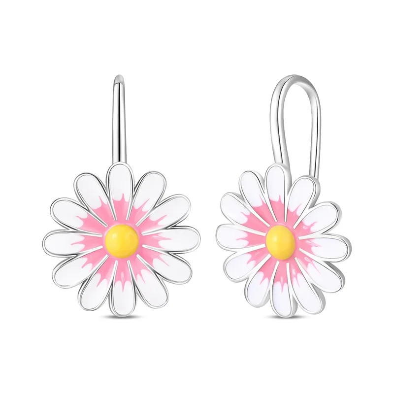 

New 925 Sterling Silver Pink Daisy Hoop Earrings Sparkling CZ Zircon Earrings For Women Fine Birthday Anniversary Jewelry Gifts