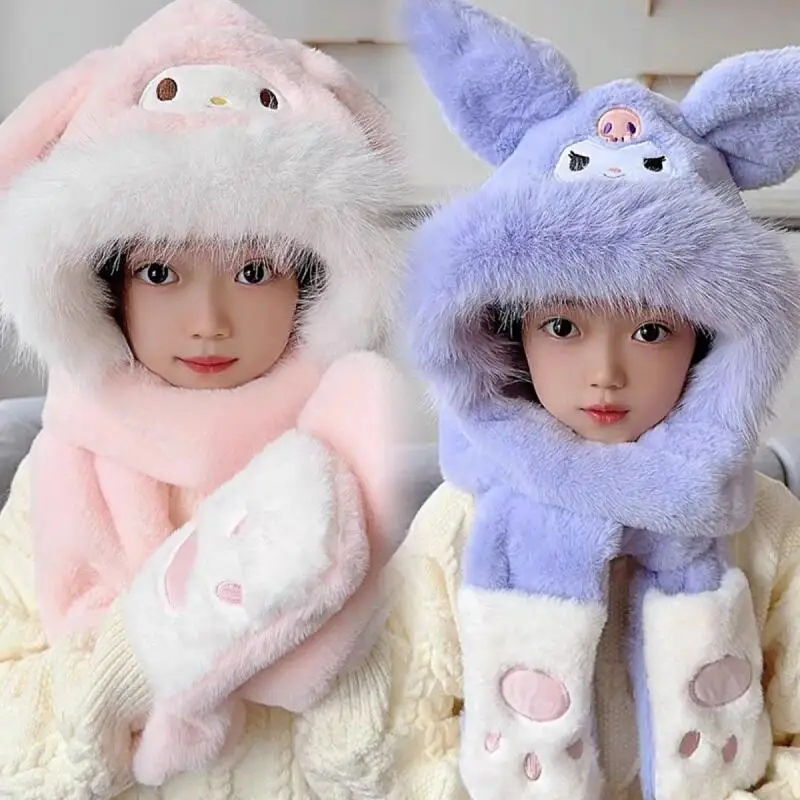 

Sanrio Kuromi Girls Cartoon Keep Warm Hat Cinnamoroll Child Cute Winter Fleece-Lined Thicken Hat Scarf Gloves Integrated New