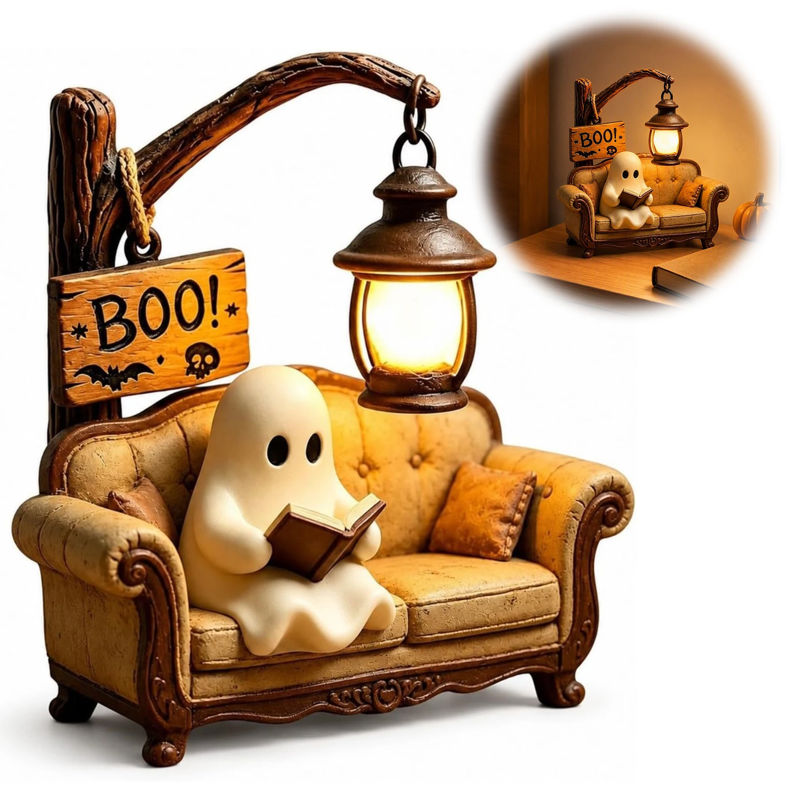 Halloween Ghost Figurine Lamp Resin LED Glowing Night Light Cute Ghost Reading Book Lamp Tabletop Ornament for Home Party Decor