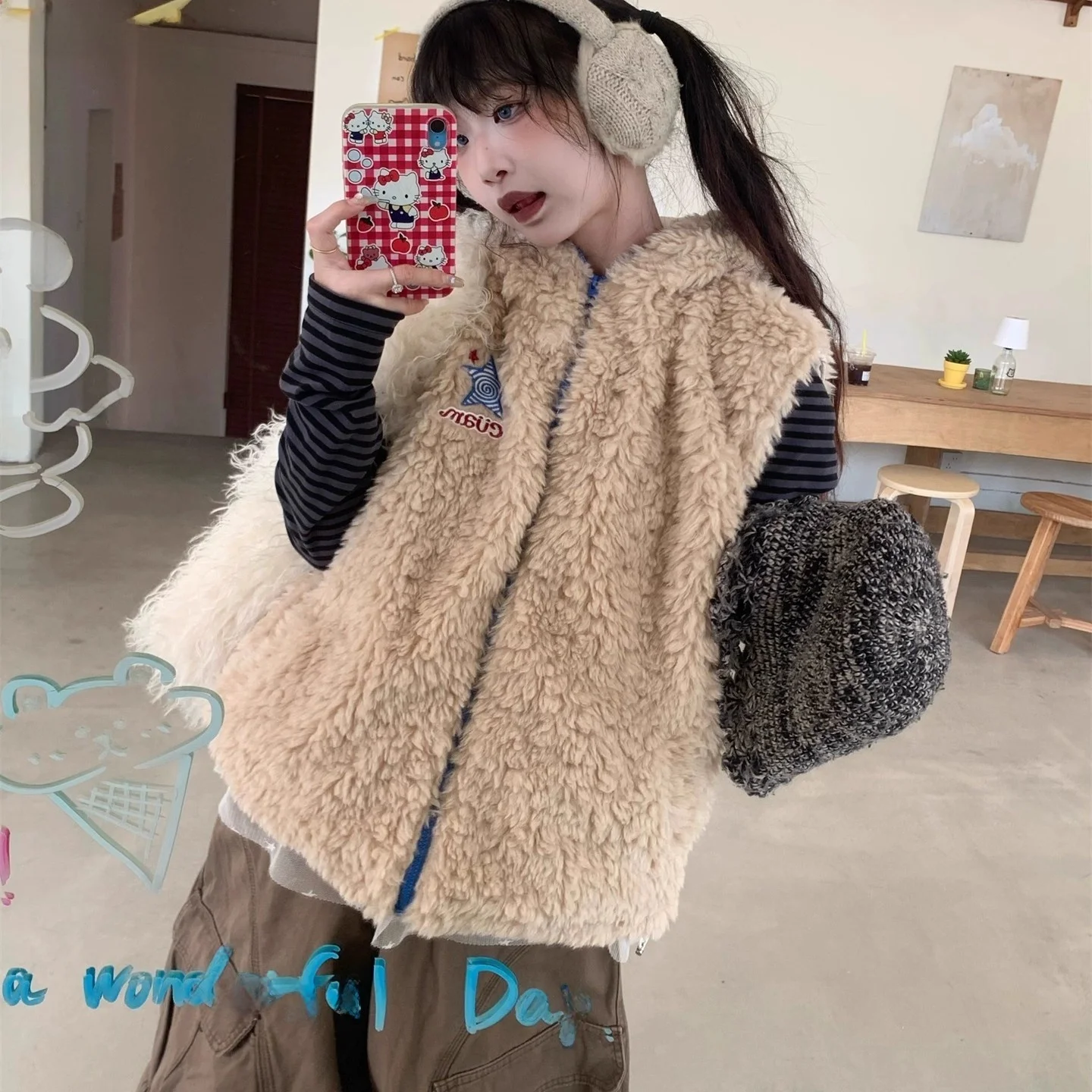 

Warm Bear Ear Hooded Vest Women's American Sle Autumn Winter Cotton Jaet Coat Youth ular Loose Fit round Ne Pullover