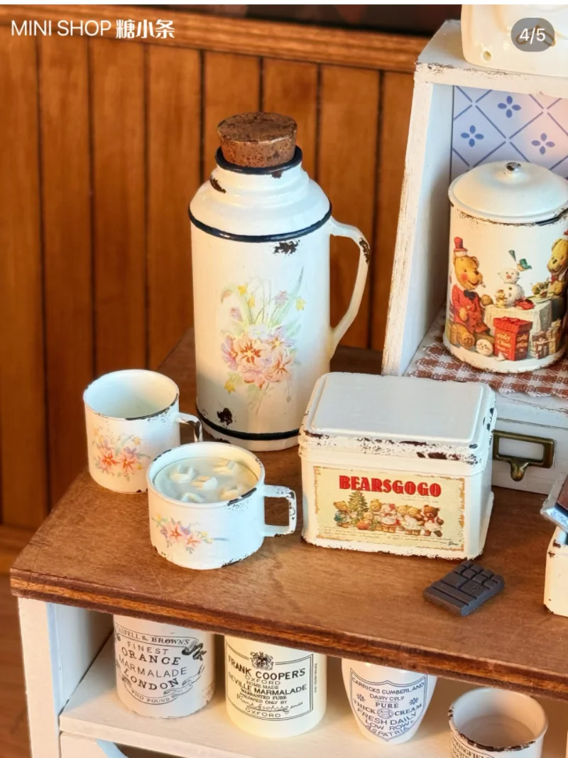 Hand-painted Miniature Tea Set  Rustic Tin Cups with Floral Print 1/6 Dollhouse Kitchen Accessories, Free Mini Spoon Included