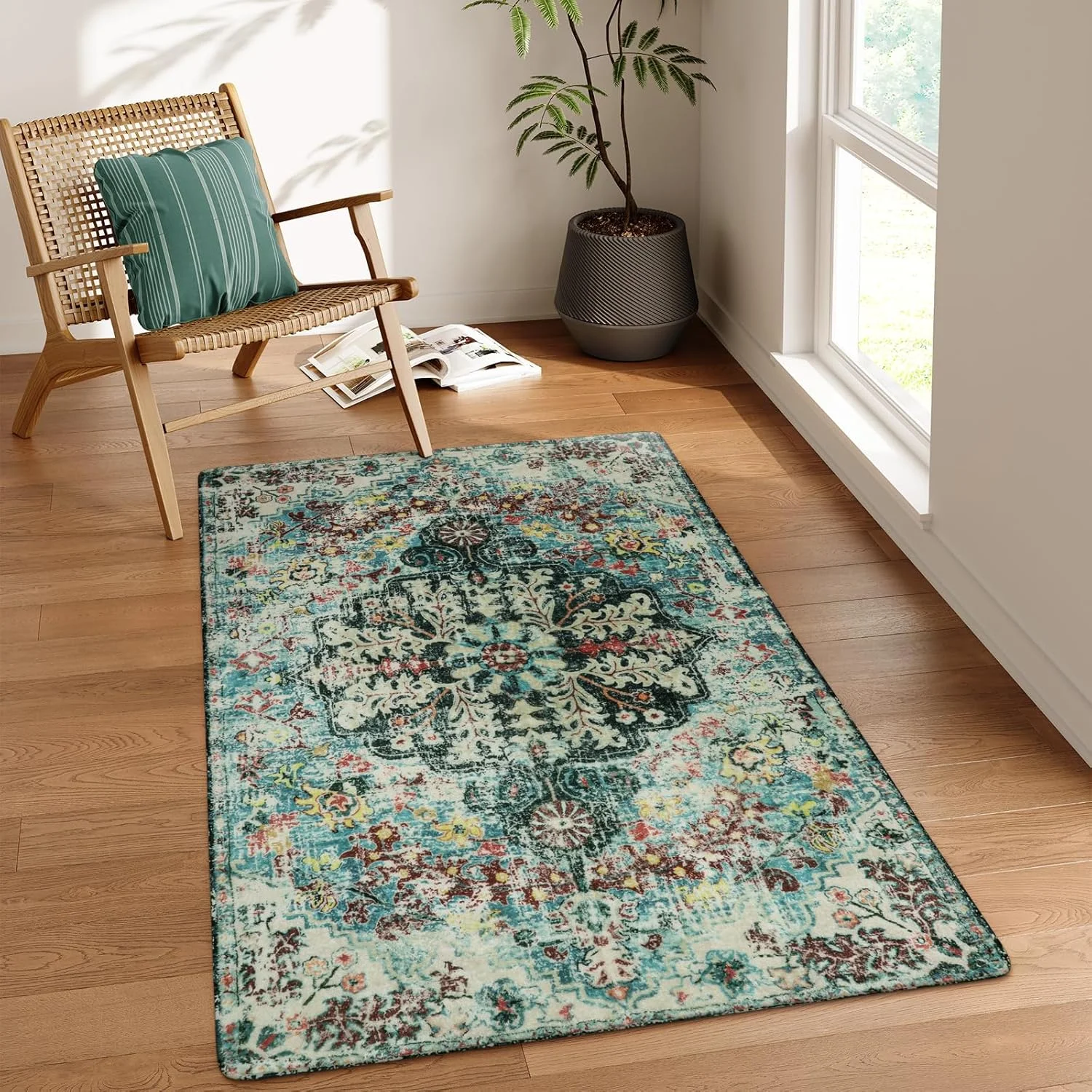 

Floral Medallion Area Rug - Washable Bedroom Rug Entryway Mat, Non Slip Pet Friendly Turkish Nursery Carpet for Kitchen Sink C
