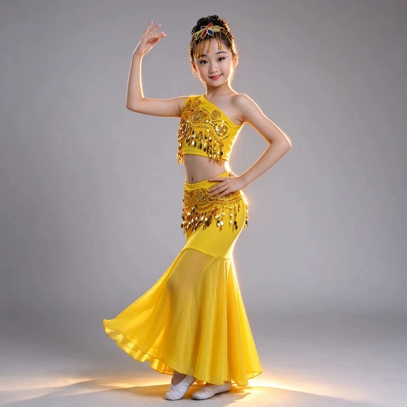 Children's Oriental India National Bellydance Costume with Sequins Shoulder off Tail Skirt for Egypt Performance Practice Girls