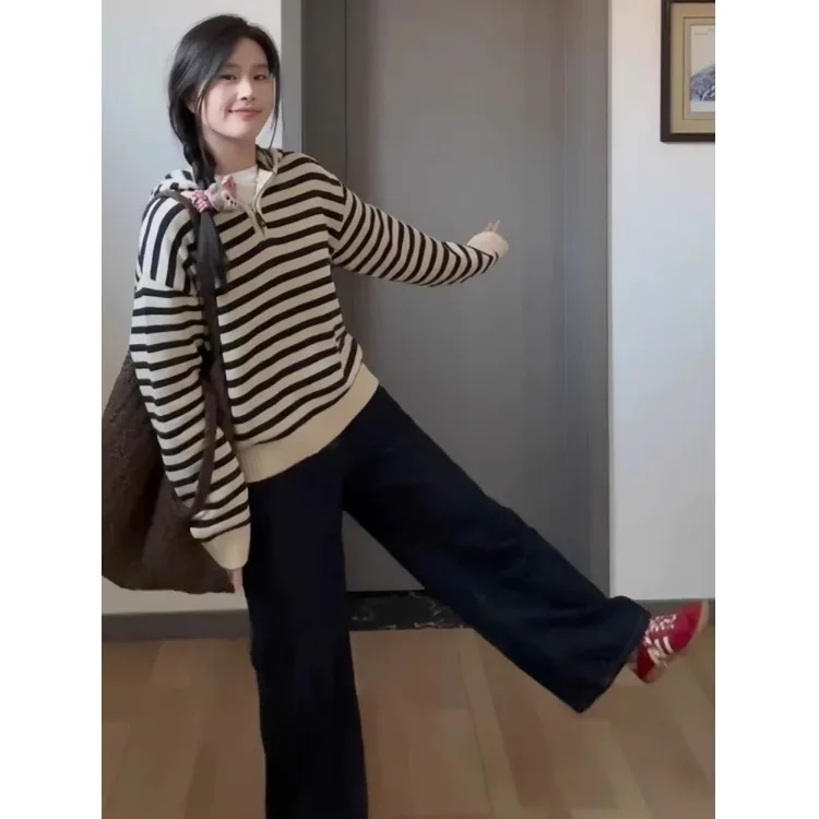 

Women's Loose Fit Knitted Hoodie Sweater Zipper Neline Striped f Open Collar Soft Cozy Oversize Hooded Knitwear