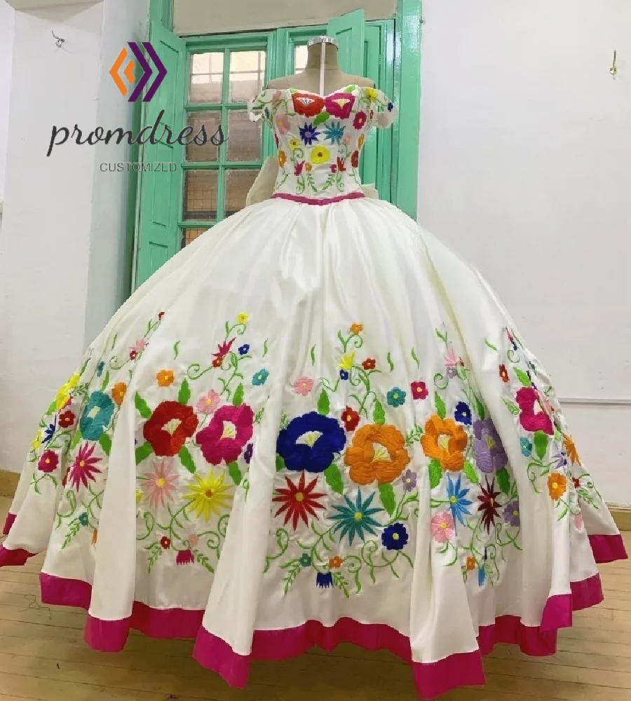 

Colorful White Mexican Quinceanera Dresses Luxurious Ball Gown Flower Embroidery Vestio De Novias Charro Xv 15 Birthday Party