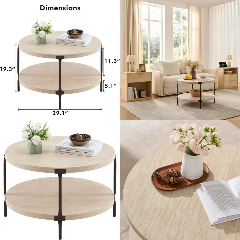 

Natural Farmhouse Style 2-Tier Wooden Coffee Table, 29.1 Diameter, Warm Stone Finish