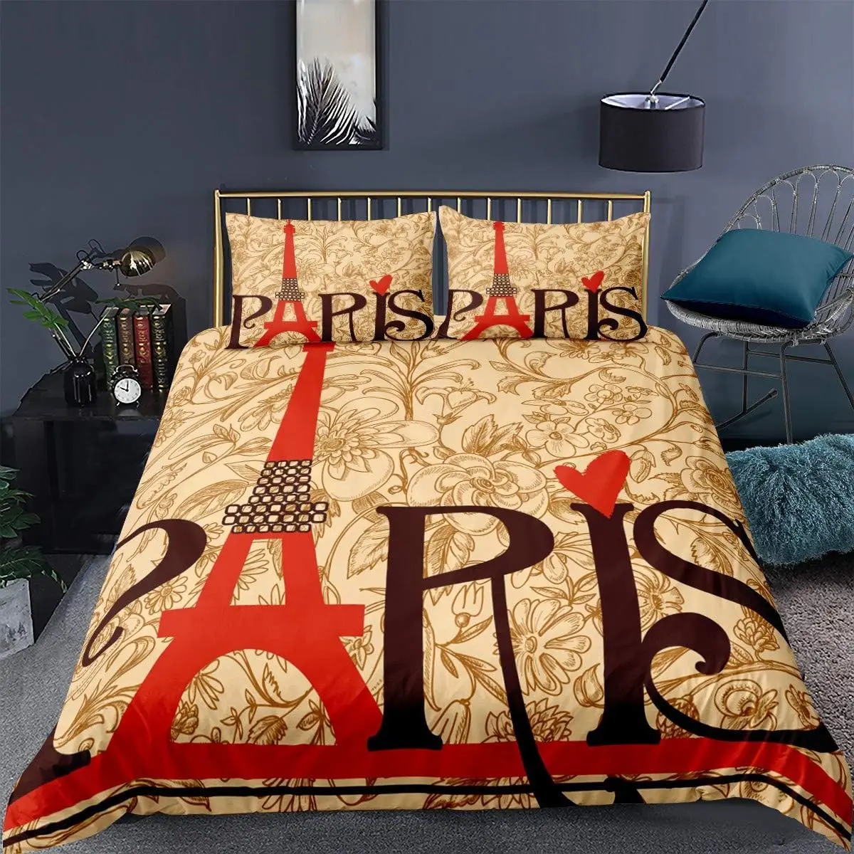 Eiffel Tower Bedding Set Queen for Kids Girls Women 3D European Floral Print Duvet Cover Vintage Pairs Themed Comforter Cover