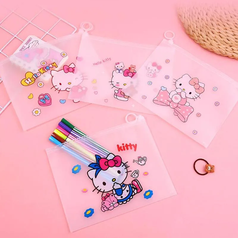 48pcs/lot Kawaii Sanrio Kitty Ring Pencil Case Cartoon Storage Bag Stationery File Pouch Office School Supplies Kids Gift