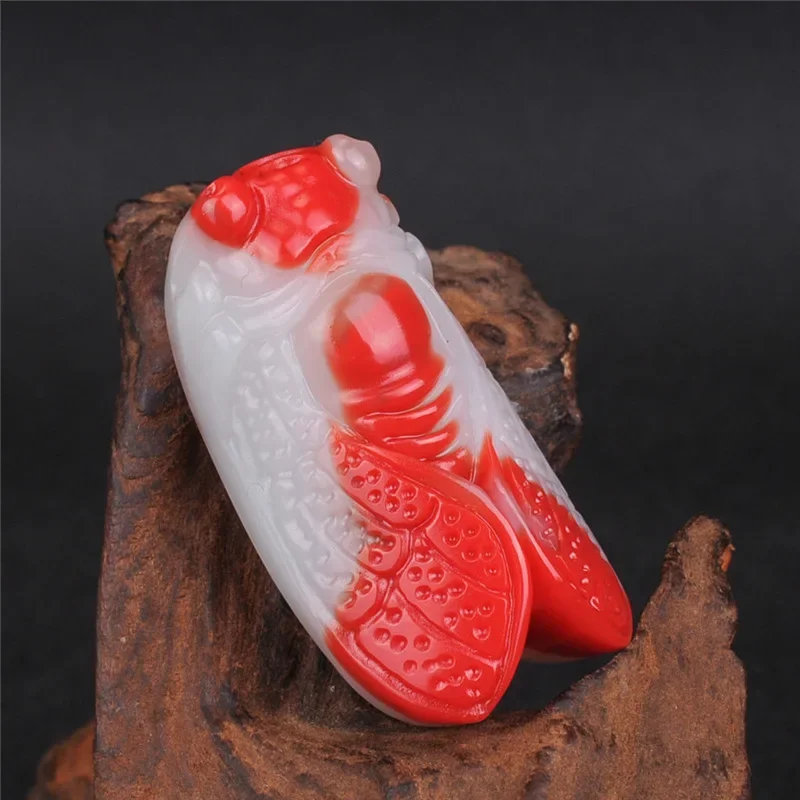 

Natural Chinese Color Hand-carved Cicada Jade Pendant Fashion Boutique Jewelry for Men and Women Red and White Ring Gift