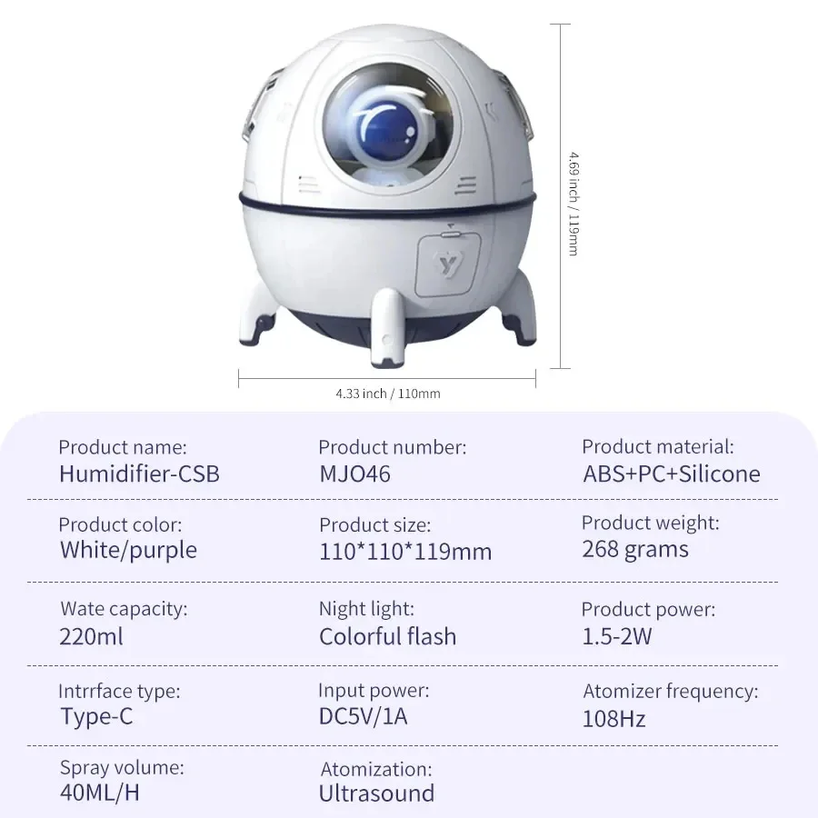 Humidificador de aire de cápsula espacial de 220mL, enchufe USB, máquina de niebla, difusor de aceite esencial de agua para aromaterapia, luz de ambiente de 7 colores