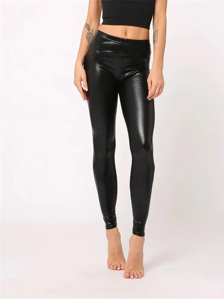 High stretch nine-point pants Black imitation leather fashion solid color leggings PU leather pants bright color leggings