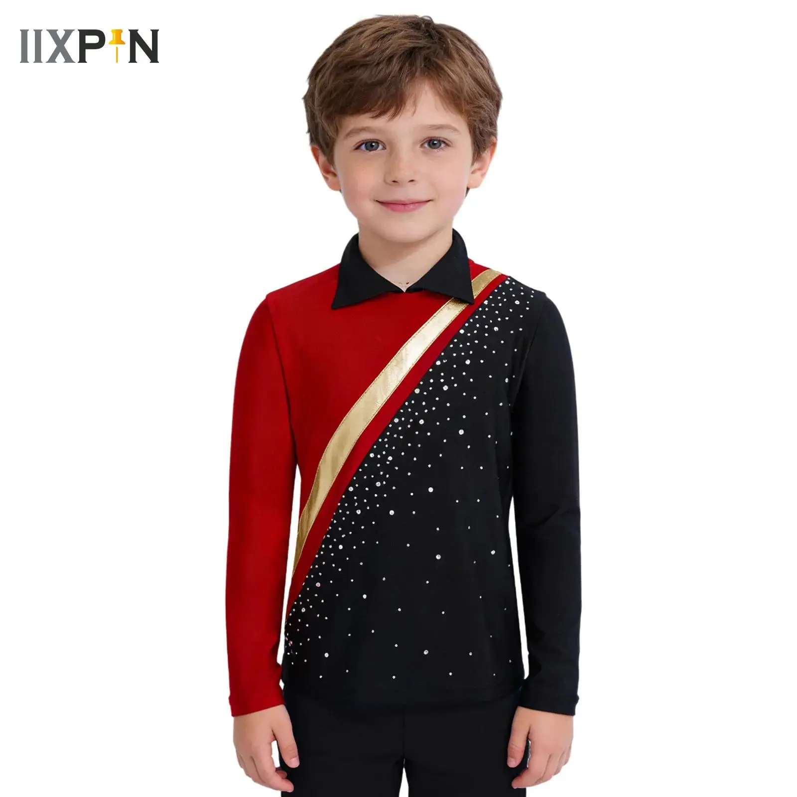 

Acrobatics Tops for Kids Boys Figure Skating Costume Sparkly Rhinestones Contrast Color T-shirts Performance Training Clothes