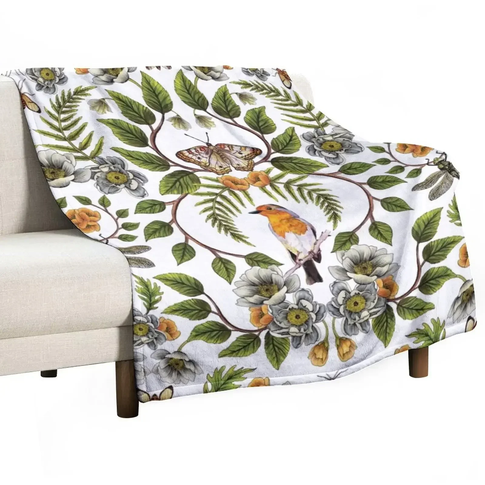 

Spring Reflection - Floral/Botanical Pattern w/ Birds, Moths, Dragonflies & Flowers Throw Blanket Vintage Single Blankets