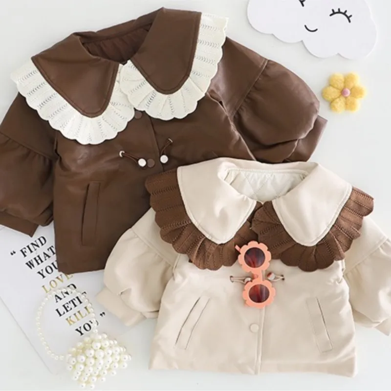 Baby Girl PU Leather Cotton Padded Jacket Winter Spring Autumn Infant Toddler Kids Coat Chaqueta Outwear Baby Clothes 1-3Y