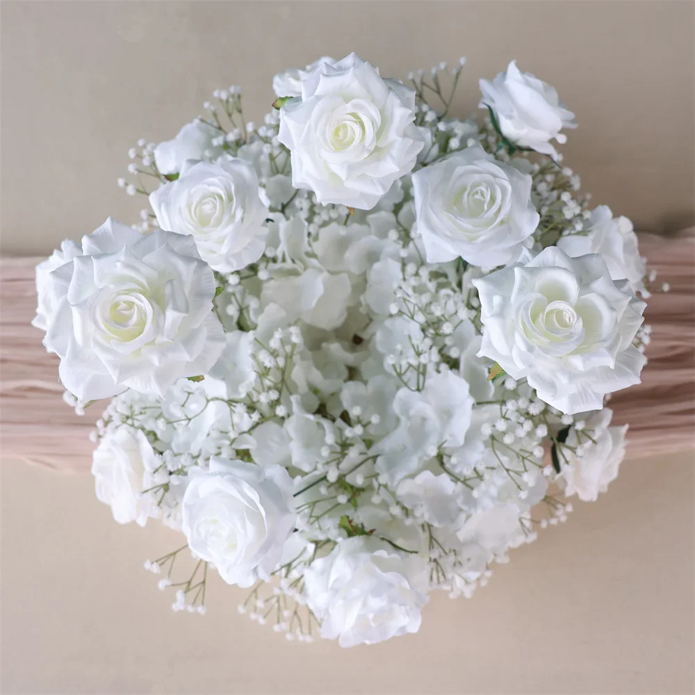 Customized White Rose Baby's Breath Flower Arrangement for Event Wdding Backdrop Decoration Table Centerpieces Candle Flowers