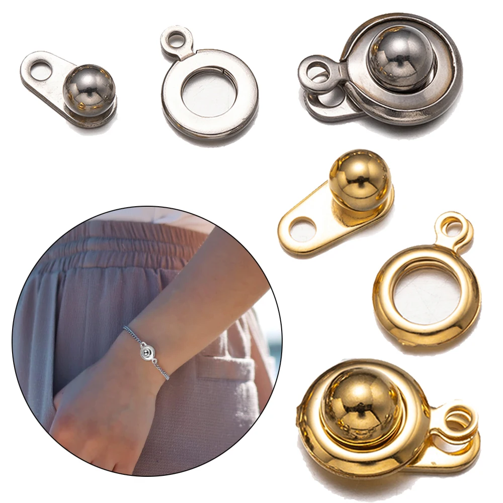 10 Sets 2 Colors Snap Clasp Stainless Steel Buttonwith 2 Holes Fastener Connector Jewelry Clasps for Making Necklaces Bracelets