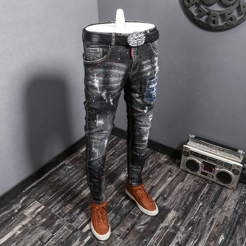 Street Fashion Men Jeans Retro Black Gray Stretch Skinny Ripped Jeans Men Painted Designer Spliced Hip Hop Denim Pencil Pants