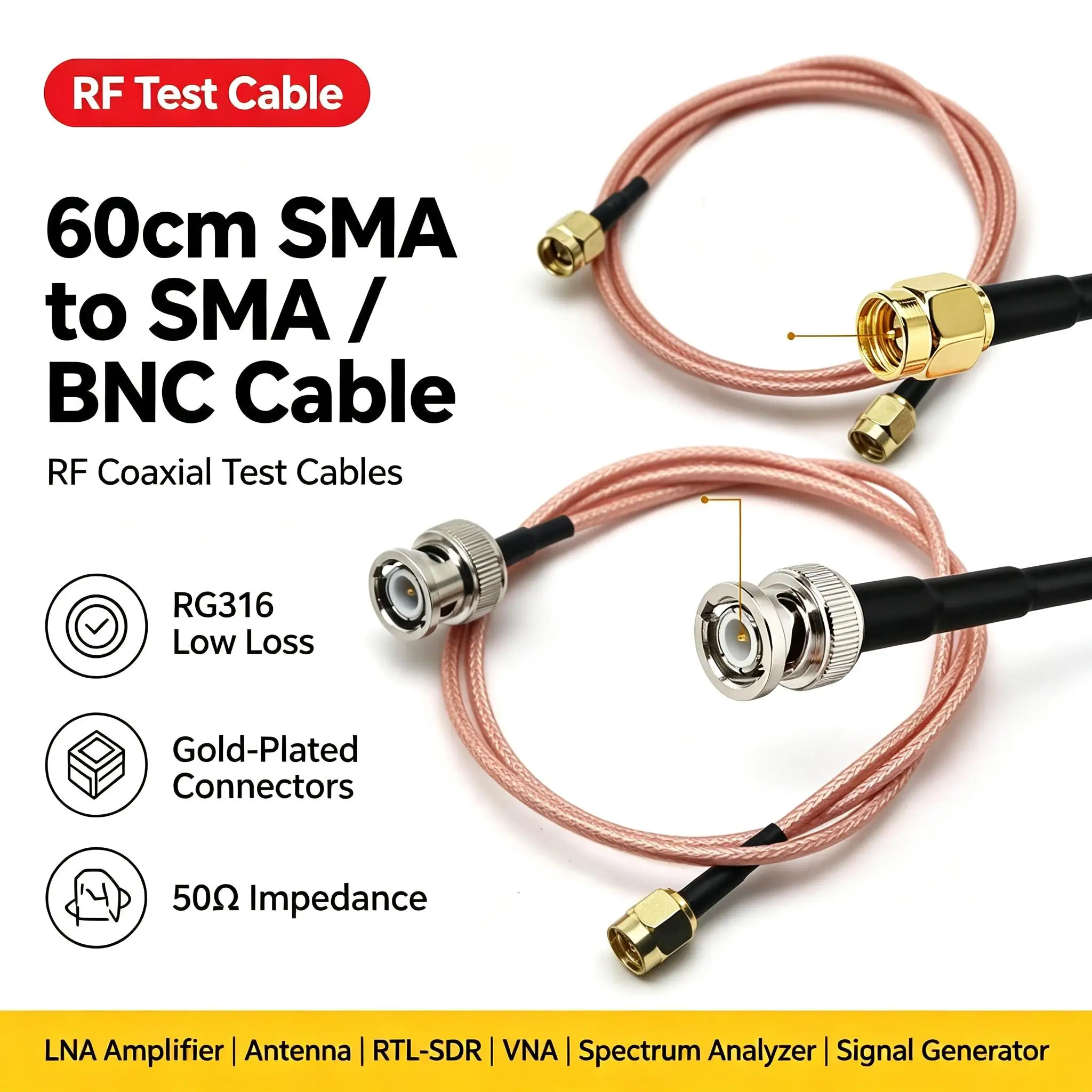DYKB RF Microwave Coaxial Test Cable LNA Amplifier Antenna 60cm SMA-SMA BNC RG316 Spectrum Analyzer RTL-SDR VNA Signal Generator