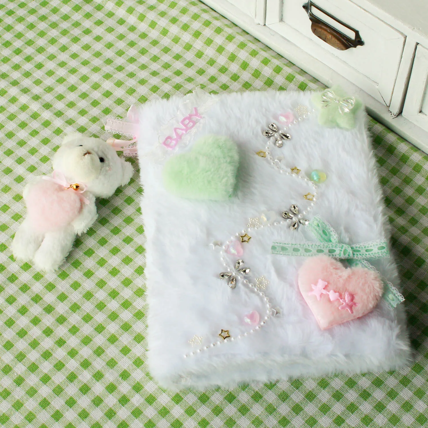 Unique  Kpop Card Holder Fluffy A5 Binder with Cute Bear Pendant Green Pink Furry Heart Luxury Album Diary Journal Notebook