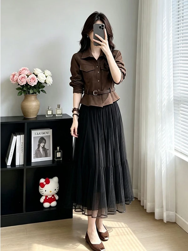 Fashionable Shirt And Skirt Set High Waist Pleated  Dress Two Piece Ensemble Elegant Style Polyester Fiber Long Sleeve