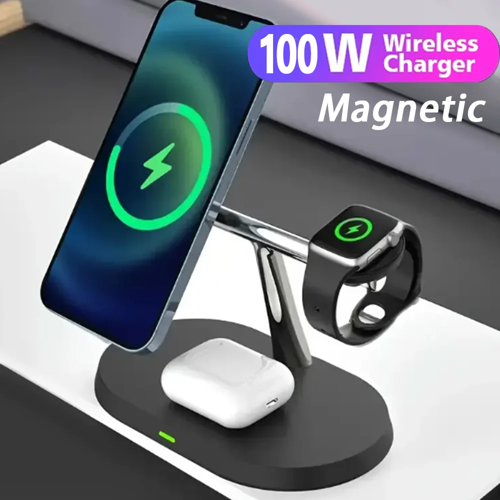 100W Magnetic Wireless Charger Stand For iPhone 16 15 14 Pro Max Apple Watch 8 7 9 Airprods 3 In 1 Macsafe Fast Charging Station