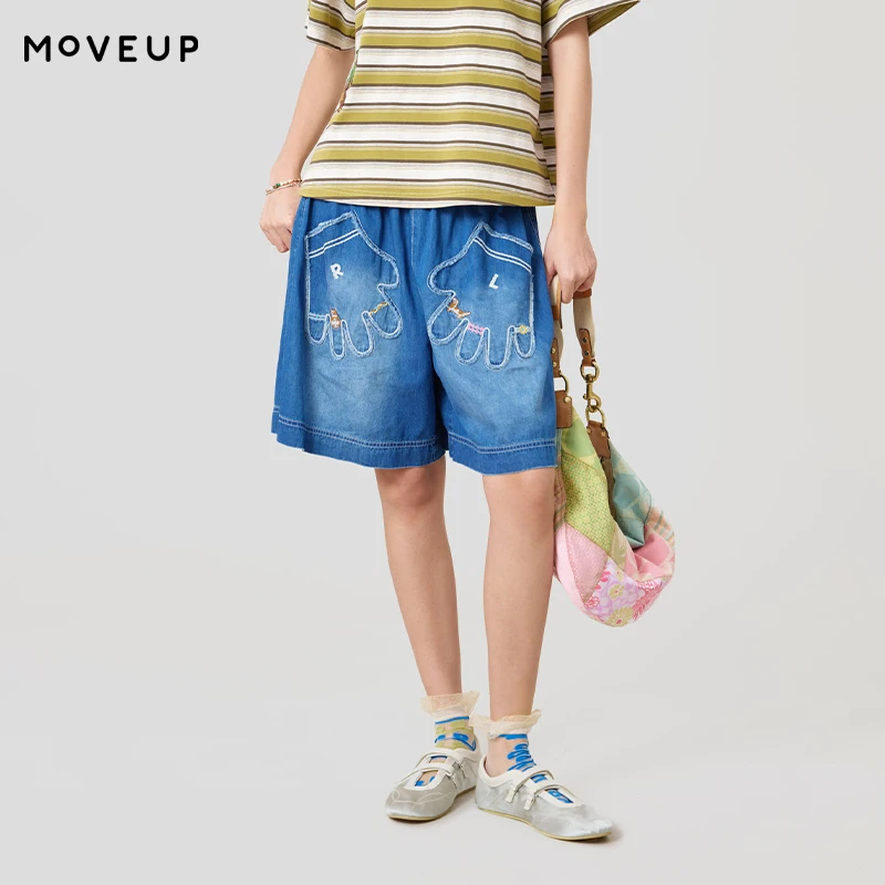 MOVEUP Casual Straight Shorts 2026 Summer New Fun Embroidered Pure Cotton Elastic Waist Loose Denim Shorts For Women 3ELX40315