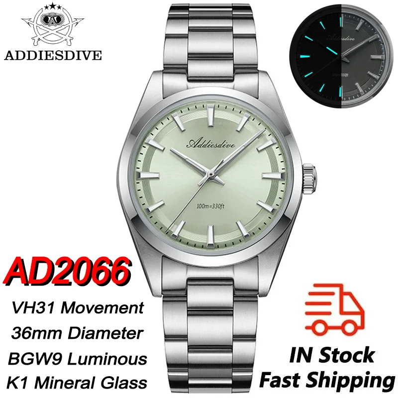 ADDIESDIVE Quartz Wristwatches VH31 Bubble Mirror Glass Crystal 316L Stainless Steel BGW9 Luminou 100m Waterproof 36mm Men Watch