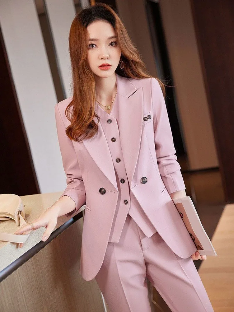

New Korean Fashion Autumn Foraml Women's Suit High Quality V-neck Sleeveless Vest + Long Sleeve Jacket + Pants Three Piece Set
