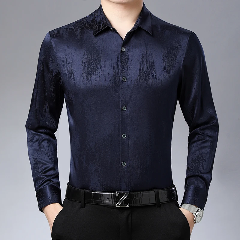 

Gentleman Solid Silk Luxury Men Shirt Long Sleeve Vintage Casual New High Quality Smooth Comfortable Plus Size 4XL Chemise Homme