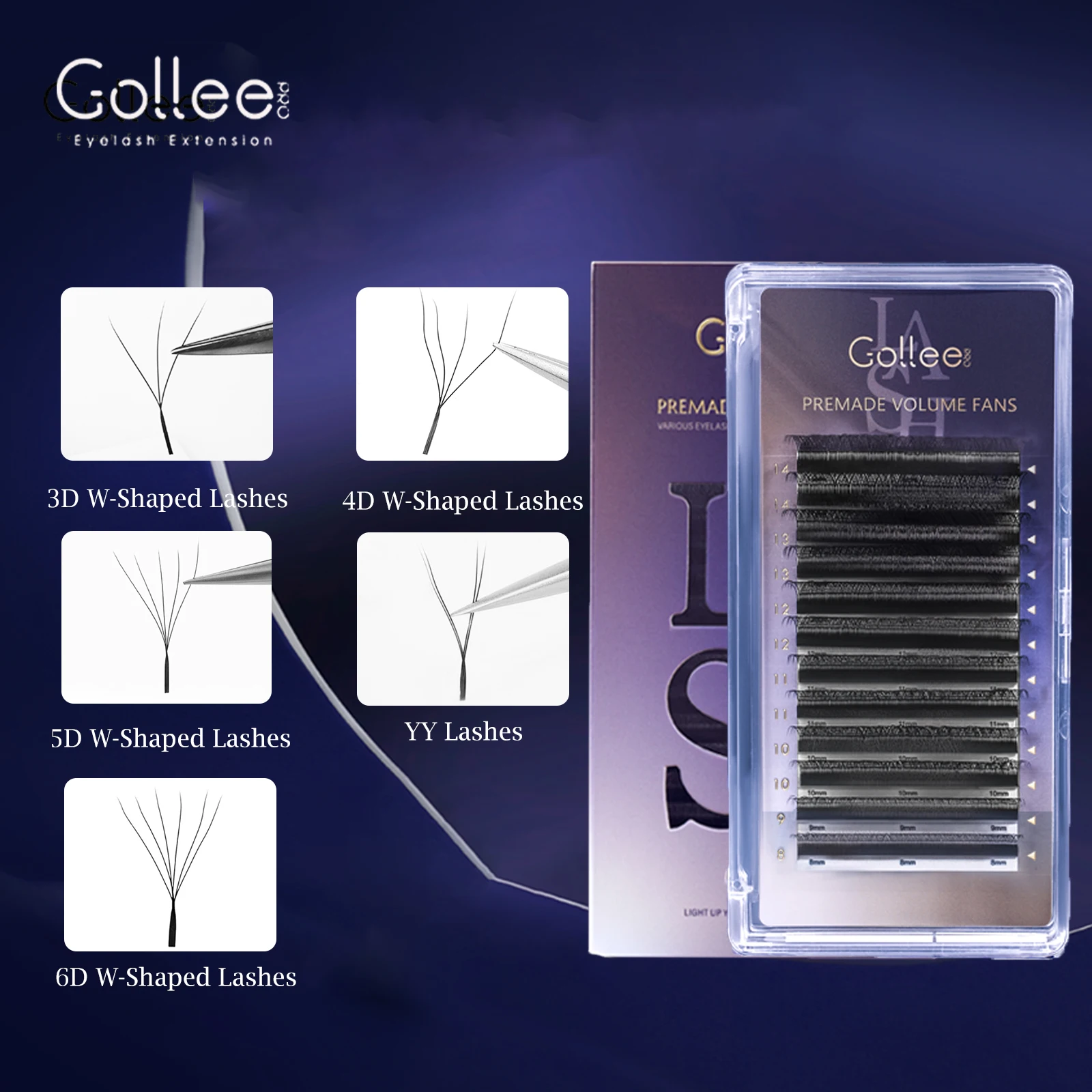 

Gollee YY/W Shaped 3D 4D 5D 6D 9-15mm Hand Woven Automatic Flowering Premade Volume Fans Eyelashes Extensions Individual Lashes