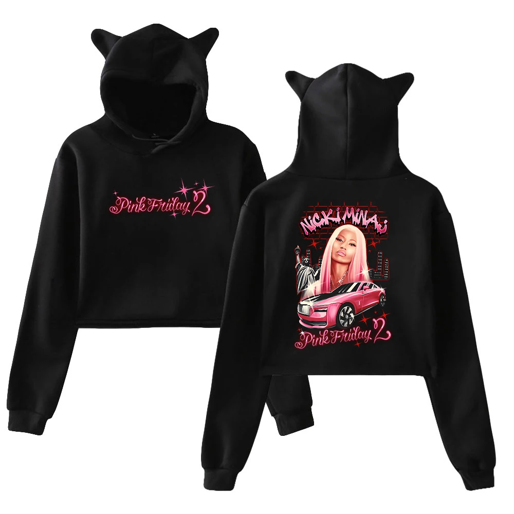 

Nicki Minaj Pink Friday 2 Pullover 2024 Tour Merch Cat Ears Hoodie Long Sleeve Streetwear Crop Top Women's Clothes