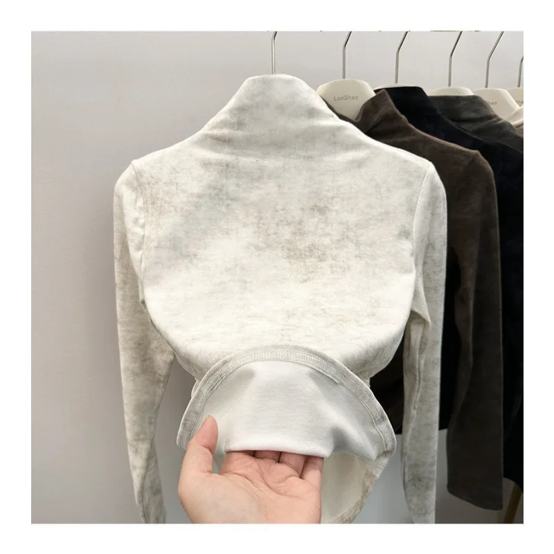 

Немецкая бархатная нижняя рубашка для женщин на осень и зиму, новый ретро-дизайн с принтом тай-дай, утягивающий талию, полуводолазка