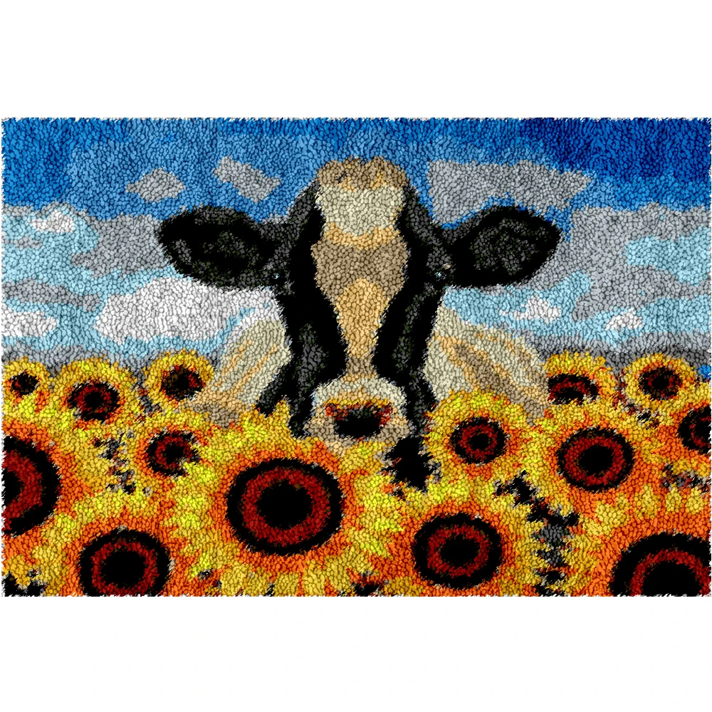 

Large Latch hook rug kits Cow and sunflower DIY Rug Making Kits with Printed Canvas Carpet Doormat Tapestry Kits Needlework