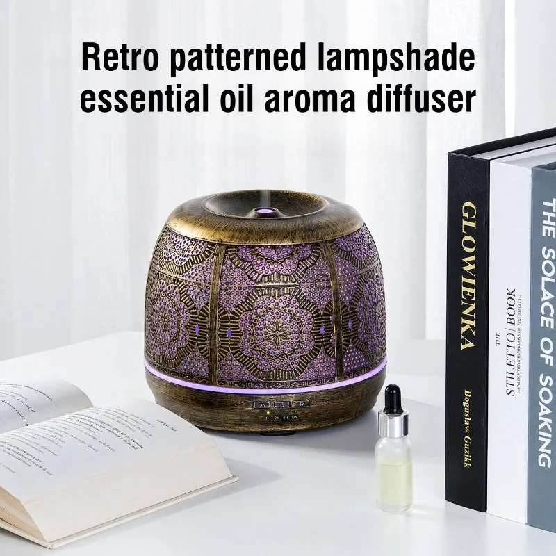 Retro Patterned Lampshade Aromatherapy Humidifier Essential Oil Diffuser for Home Office Silent Large Capacity Rainbow Lamp