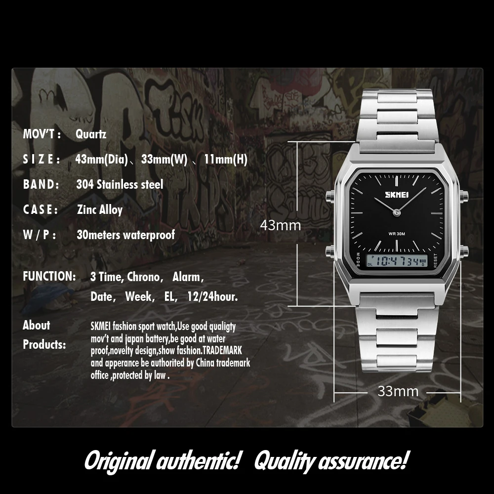 SKMEI Dual Time Sport Orologi digitali Cronografo 3Bar Orologi da polso al quarzo impermeabili Orologio alla moda casual per uomo Donna