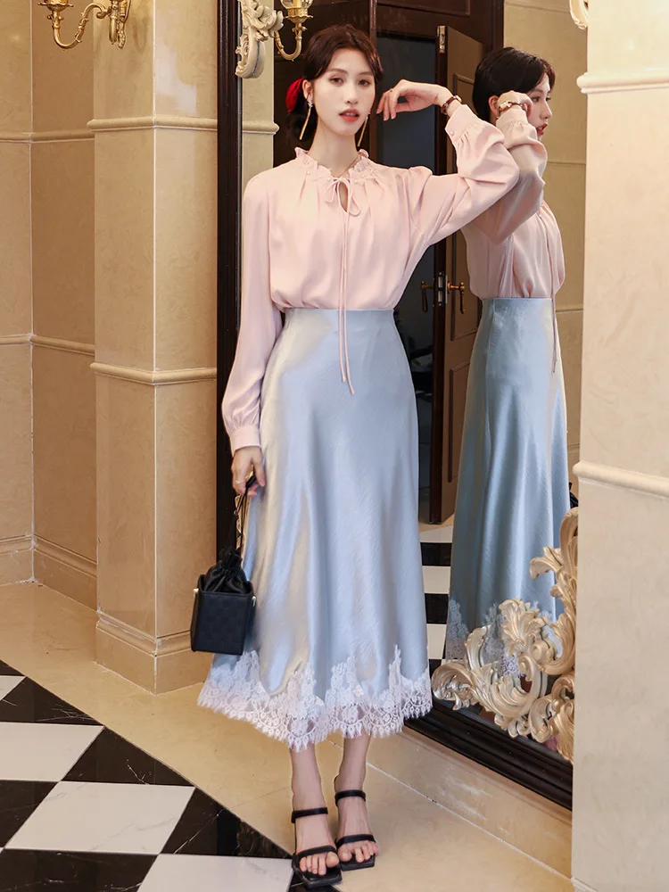 

Minimalist Blush Pink Satin Midi Skirt With Lace Trim High Waist A-line Flowy Skirt For Women Elegant Office Lady Trendy Outfits