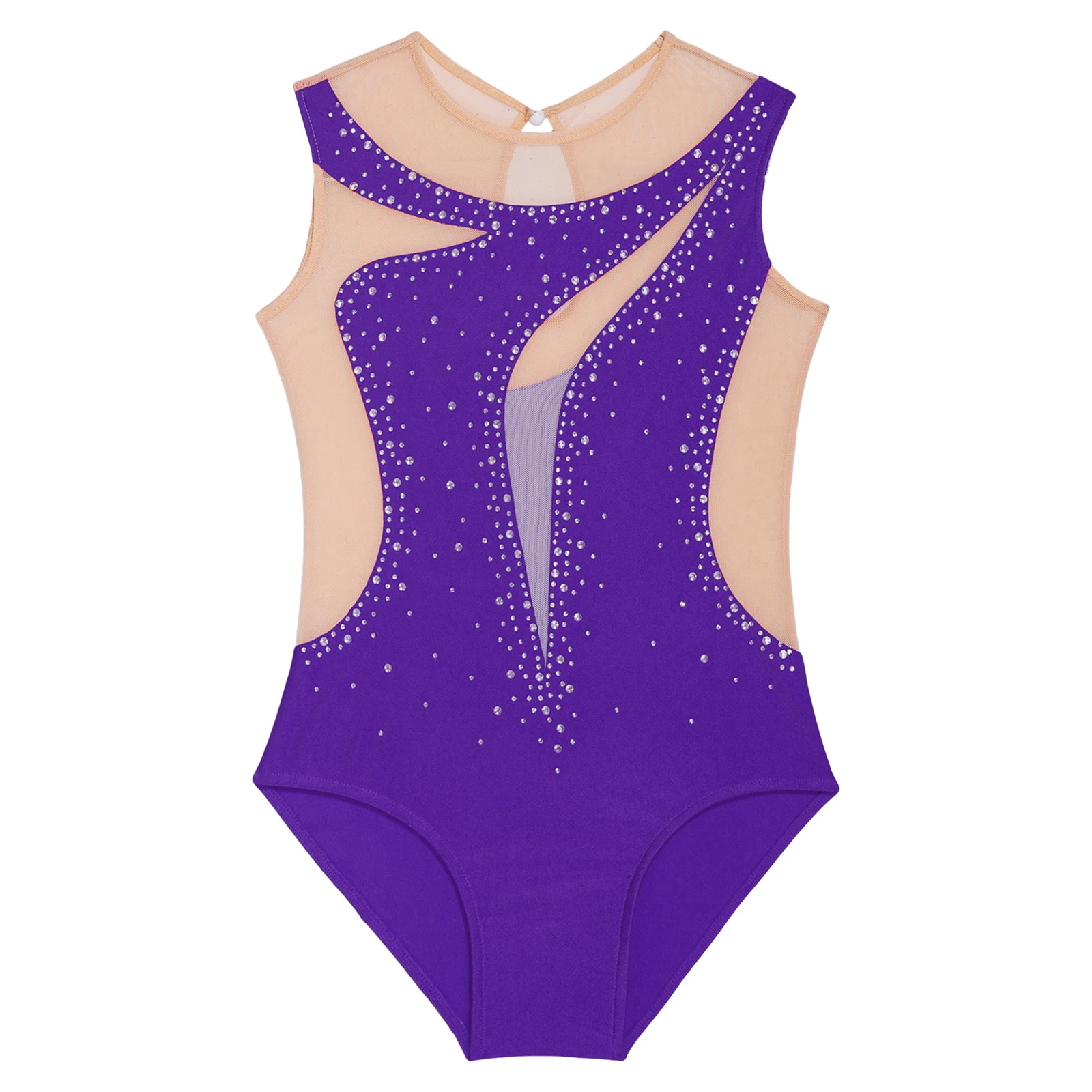 

Girls' Gymnastics Dance Leotard Sleeveless Rhinestone Costume with Wide Crotch Button Neck for Stage Performance Acrobatics
