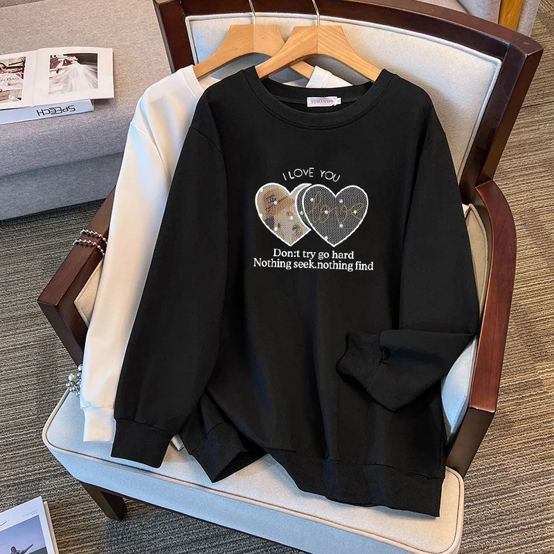 

175 кг, большие размеры, женская бюст 170, весна-осень, свободная толстовка с длинными рукавами и сердечками, черный, белый цвет, 4XL, 5XL, 6XL, 7XL, 8XL, 9XL