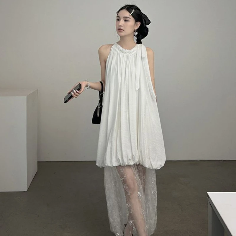French Design Sleeveless White Temperament Summer Hanging Neck Mesh Stitching Women's Lantern Dress
