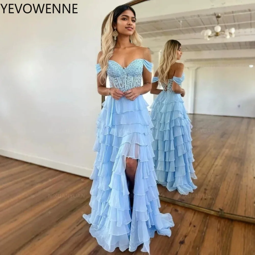 Off shoulder Tiered Long Prom Dress Ruffles Chiffon Fashion Evening Dresses Chic Fitted High Low Party Gown