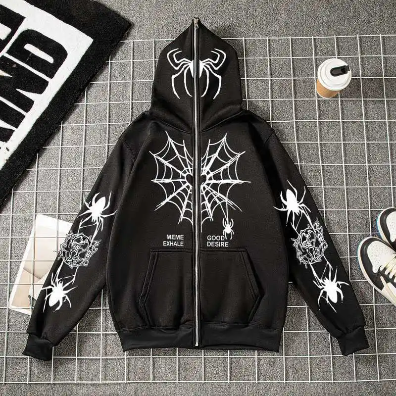 Goth Y2k Embroidery Spider Zip Up Hoodie Streetwear Women Clothes Harajuku Long Sleeve Anime Oversize Hoodie Men Women