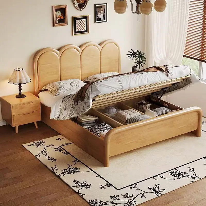 Solid wood bed rubber wood 1.8 meters master bedroom double bed small apartment 1.5 meters storage bed