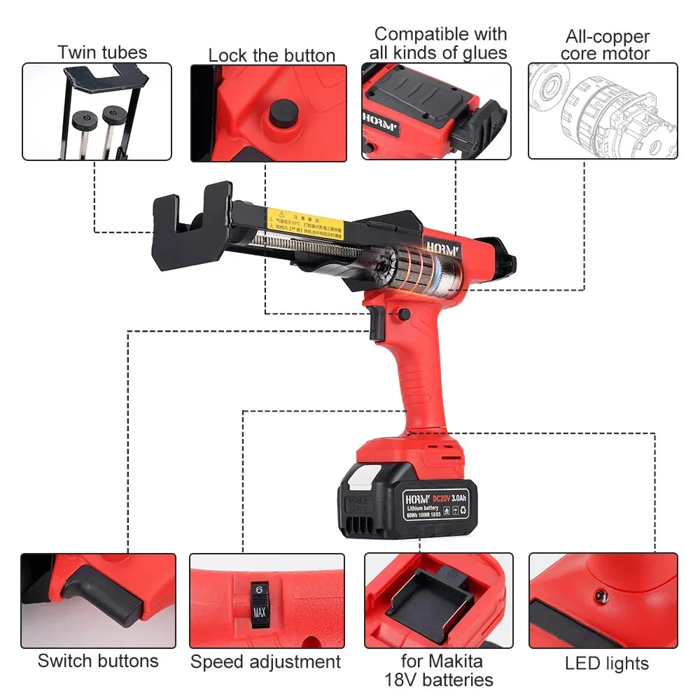 Cordless Electric Caulk Gun Dual Tubes Epoxy High Thrust Epoxy Polyurea Sealant Adhesive Tile Grout Tool For Makita 18V Battery